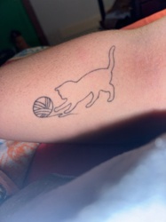 Not a bug or insect; it is a domestic cat (Felis catus) depicted as a tattoo.
