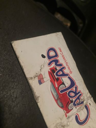 It is not possible to identify an insect from the provided image. The image shows a damaged sign or piece of paper with the words 'CARLAND QUALITY USED CARS' and a graphic of a car. There is no visible insect in the image.